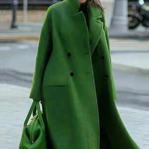 Green Casual Women's Wool Blend Lapel Long Sleeve Warm Overcoat